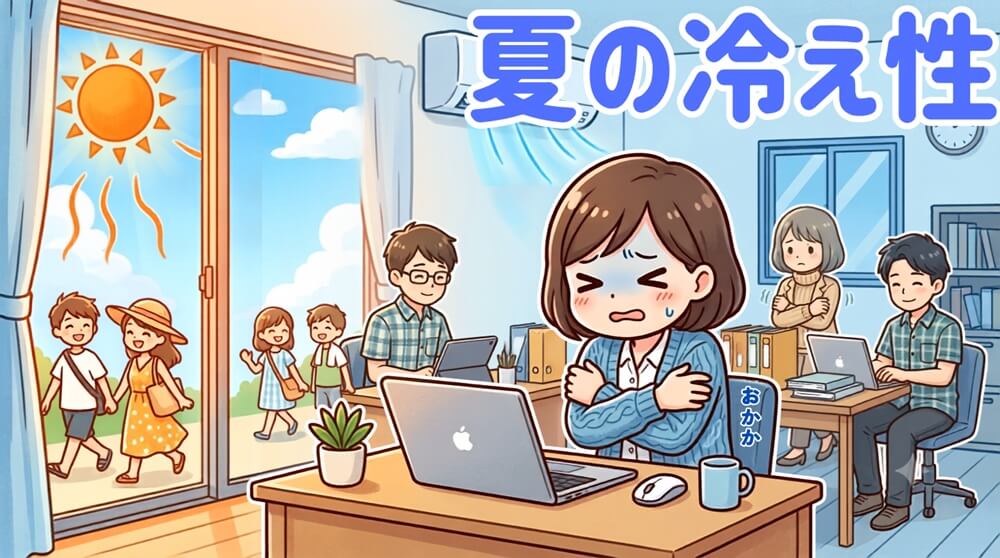 冷房の効いた部屋でカーディガンを羽織る女性 ― 夏の隠れ冷えのイラス