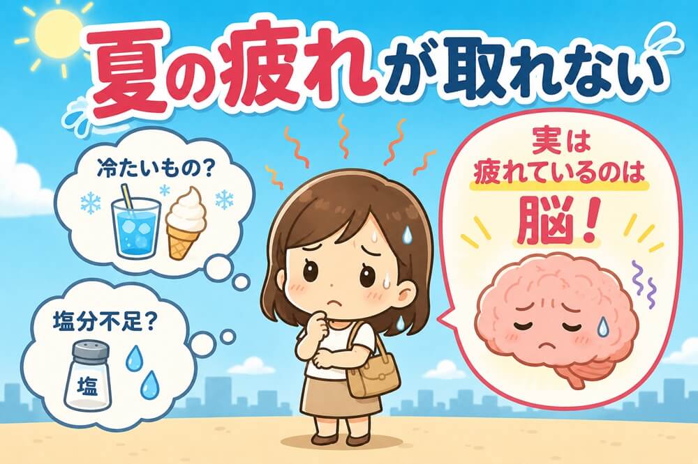 夏の疲れの原因を考える人のイラスト。胃腸や塩分ではなく脳が疲れていることを示している